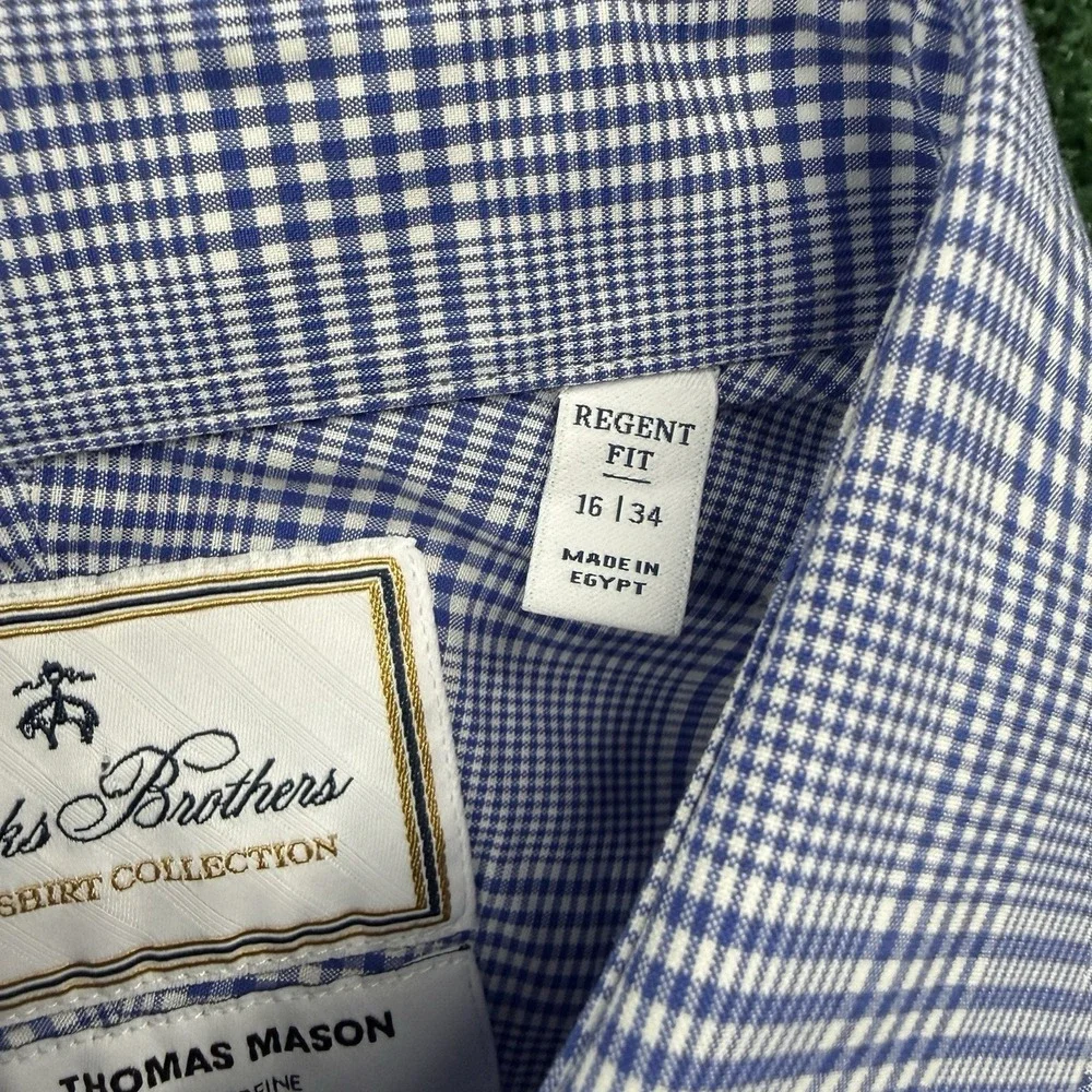 Brooks Brothers Thomas Mason Luxury Men's Dress Shirt Blue Plaid Size 16 34